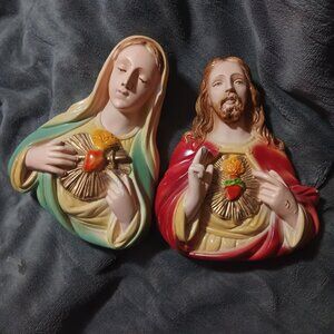 Vintage Jesus & The Virgin Mary Sacred Heart Wall Art Plaques 3D Set Pair 11"